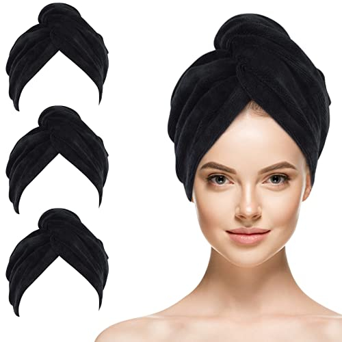 SINLAND 3 Stück Microfiber Haartuch für Frauen super saugfähiges Haarhandtücher schnell trocknendes Kopf Handtücher Magisches Haartuch zum Trocknen Langer Haare Schwarz 25 x 65 cm
