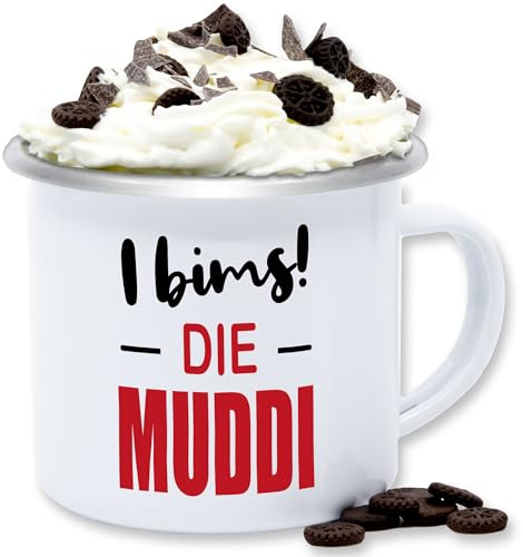 Emaille Tasse Blechtasse - Mama - Tassen - I bims! Die Muddi - 300 ml - Weiß Silber - zum muttertag mum mütter muttertagsgeschenke mami mom mutter mutti muttertagsgeschenk mommy mamas mama's