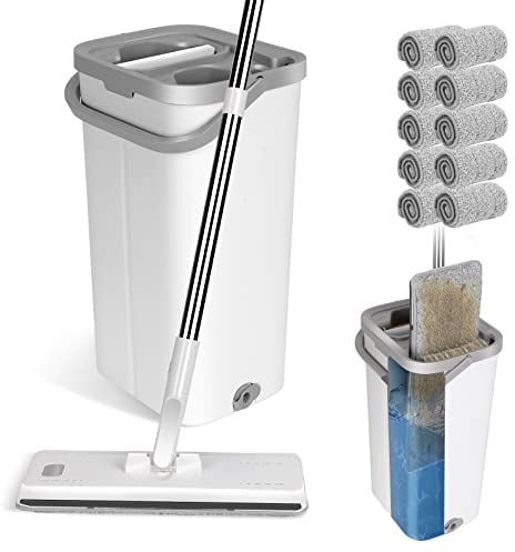 Masthome Juego de Fregona y Cubo, Fregona Plana Profesional con Mango de Acero Inoxidable y 10 Paños de Repuesto de Microfibra para Suelos de Madera