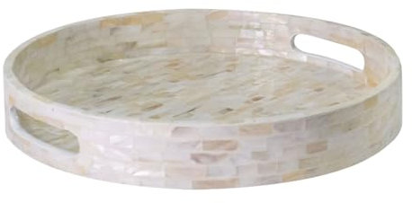 PEMAR Vassoio da portata rotondo in madreperla con manici, vassoio decorativo in legno madreperla, tavolino da caffè (piastrelle bianche)