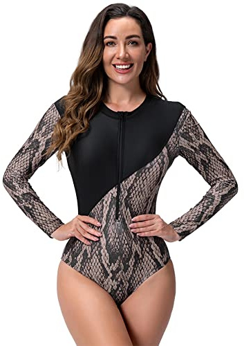 Women's One Piece Swimsuits Monokini Sports Athletic Training Bathing Suit Color Block Rash Guard Long Sleeve Zipper Front Surfing Diving Swimming Costume Ladies Wetsuit Modest Swimwear Snake Skin L