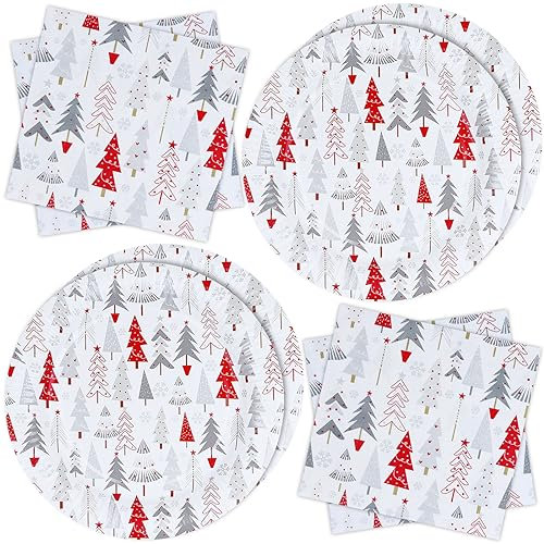 ZVK Vajilla de fiesta, Juego de Platos, Servilletas 40 piezas Árbol de Navidad blanco Juegos de vajilla para fiestas de papel Juegos de cubiertos desechables para Navidad, Año Nuevo