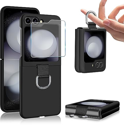 Galaxy Z Flip5 Handyhülle mit Schutzfolie für Samsung Galaxy Z Flip 5 5G Hülle, Ultra Dünn Hart PC mit Ring Handy Tasche Case Stoßfeste Schutzhülle für Samsung Z Flip5 5G 6.7'' 2023 (Black)