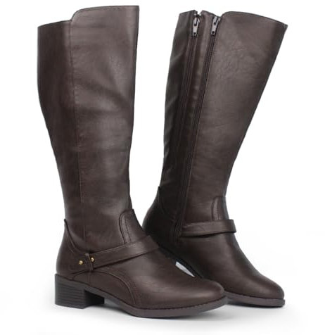 Hawkwell Damen-Reitstiefel mit breiter Wade und doppeltem Reißverschluss, Braun Synthetik EU 36