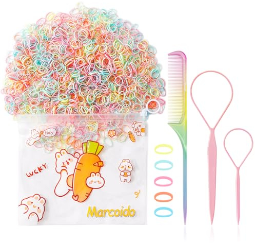 Color Tiny Hair Rubber Bands, Marcoido 1500pcs Multi Color Small Hair Elactics with Hair Loop Styling Tool Set 2Pcs Braid Tools 1Pcs Rat Tail Comb For Baby Toddlers Kids.(Macaron small A+)