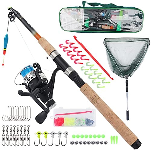 Q-Tac - Angelset Forelle/Barsch mit Kescher [Angelfertig montiert & Angelrolle bespult] Länge Teleskoprute 2.40m, Angel Set komplett Profi & Einsteiger, Starter-Set für Forellen Angeln