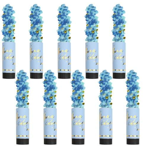 DRERIO 10 Stück Konfettikanone Blau Konfettiregen Hochzeit Party Poppers,konfettikanone hochzeit Gender Reveal Kanone,11cm mit drehbarem schwarzem Drehteller nach links für Weihnachten Jahrestag