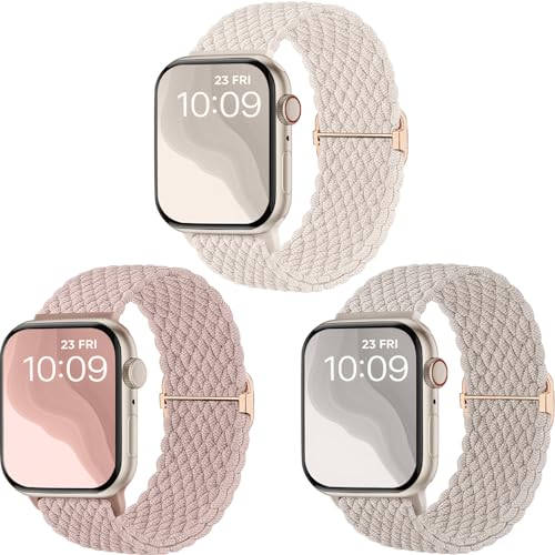 CeMiKa Geflochtenes Armband kompatibel mit Apple Watch Armband 40mm 38mm 41mm 42mm, Stoff Elastisches Sport Solo Loop Nylon Band für iWatch Series 10 9 8 7 6 5 4 3 SE Ultra 2 1,Herren Damen, 3 Stück