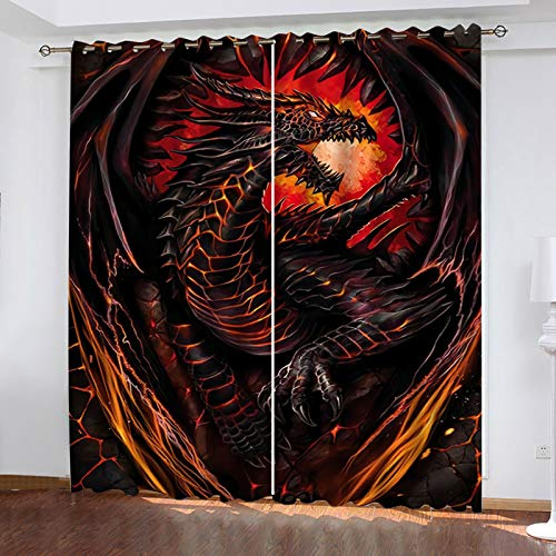 2Er Set Verdunkelungsvorhang Für Schlafzimmer, Thermogardinen Mit Ösen, 3D Cartoon-Flammender Drache Muster Verdunklungsvorhänge H 165 X B 200 cm Für Modern Kinderzimmer Wohnzimmer Fensterdekoration