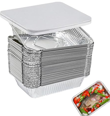 Kirgizta 20 Piezas Bandejas Aluminio Desechables con Tapa, 1000ml Bandeja de Horno de Papel de Aluminio, Moldes para Hornear de Papel de Aluminio Rectangulares para Hornear, Cocinar, Congelar