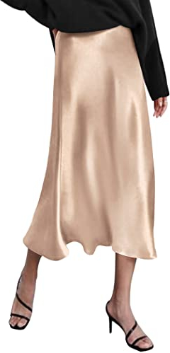 Zeagoo Gonna Longuette in Raso Tinta Unita Elegante da Donna Vita Elastica Gonna A Linea Gonna Lunga Casual A Vita Alta