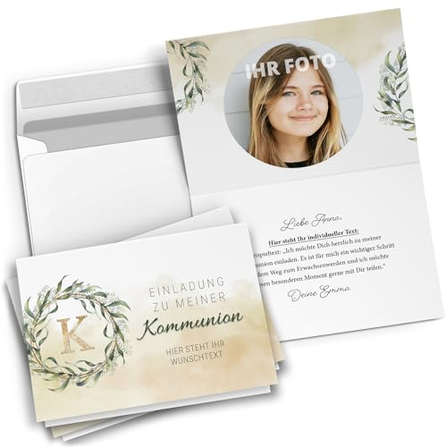 10 personalisierte Kommunion Einladungskarten mit eigenem Text und Foto - Kreuz Kranz kirchlich - Einladungen zur Kommunion mit Umschlägen Jungen und Mädchen