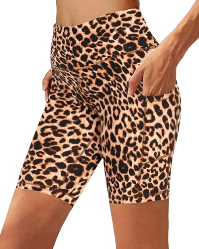 FuelMeFoot Radlerhose Damen mit Taschen High Waist Shorts Sporthose Kurze Blickdicht Sommer für Biker Gym Fitness Joggen Pilates. 03-Leopard L/XL