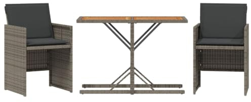 vidaXL Bistro Set 3-TLG., Gartenmöbel mit Kissen Tisch und 2 Stühle, Gartengarnitur Platzsparend, Garten Balkon Terrasse Möbel, Grau Poly Rattan