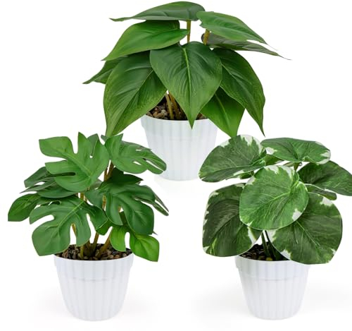 YAOYIN® Fausse Plante, Plantes Artificielles Interieur Extérieure, 3 Pièces Vert Plante Artificielle Plastique Fausse Plante Interieur avec Pot, pour Decoration Salon Chambre Bureau Cuisine