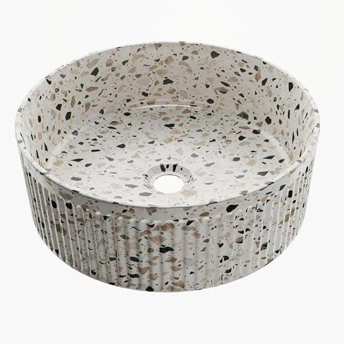 BAIKAL Lavabo sobre Encimera | Redondo | Terrazo | Cerámica | 37 x 37 x 12,5 cm | Sin orificio para grifo | Lavabo Baño | Envío con Embalaje Reforzado