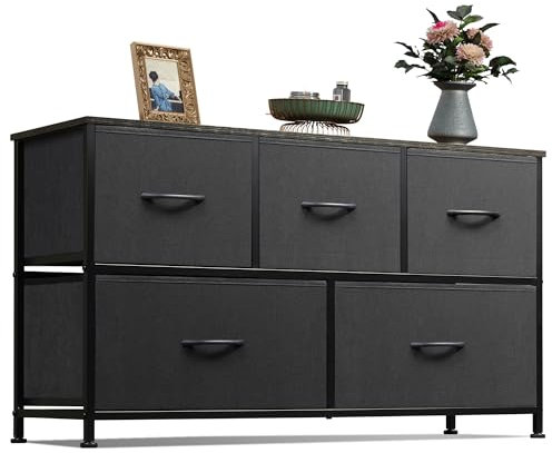 WLIVE Kommode mit 5 Schubladen aus Stoff, Kommodenschrank für Schlafzimmer, Kommode Wohnzimmer, mit Stabiler Stahlrahmen, Holzkohle Schwarz
