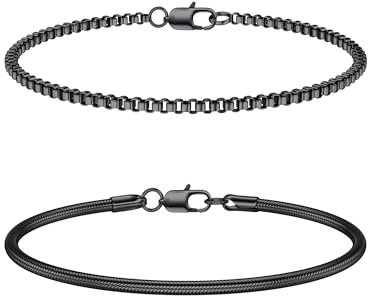 CASSIECA 2Pcs Bracciale Uomo Bracciali Uomo Bracciale Acciaio Uomo Braccialetti Uomo Nero a Catena Impilabile per Uomo Bracciale Scatola Serpente 19CM Regali Gioielli per Uomo
