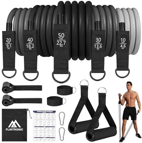 flintronic Resistance Bands Set, Sports Resistance Fitness Bands, 5er Verschiedene Widerstandsstufen mit Türanker, Griffe, Knöchelriemen, Ideal für Krafttraining, Pilates, Muskelaufbau (Schwarz)