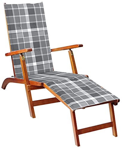 Higsose Liegestuhl Garten mit Auflage Akazie Massivholz 167x56x75cm Grau und Weiß Wetterbeständigkeit Balkon Liege 3-Fach Höhenverstellbar Outdoor Relaxliege Ergonomisch Gestaltet Sonnenliege