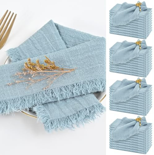 40 Packungen staubblaue Stoffservietten, Baumwoll-Leinen-Servietten, Großpackung, 41,9 x 41,9 cm, handgefertigte Gaze-Servietten mit Fransen, natürliche, weiche Baumwolle, rustikale Dinner-Servietten