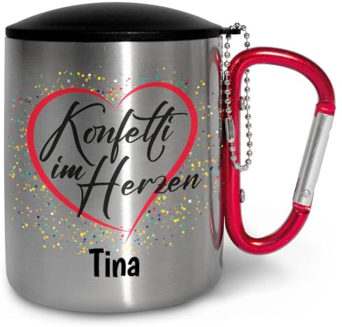 Edelstahlbecher personalisiert mit Karabiner und optional mit Deckel „Konfetti im Herzen“ - Fasnetsbecher personalisiert - Fasching Karneval, doppelwandig & isoliert, 300ml (Mit Deckel, Griff Rot)