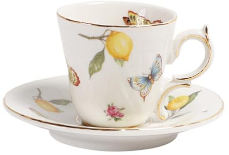 Dgayaeic Ensemble tasse et soucoupe en céramique à motif citron avec soucoupe, ensemble de vaisselle de cuisine, design élégant et fonctionnel, prise en main confortable, 100 ml, 200 ml, idéal pour un