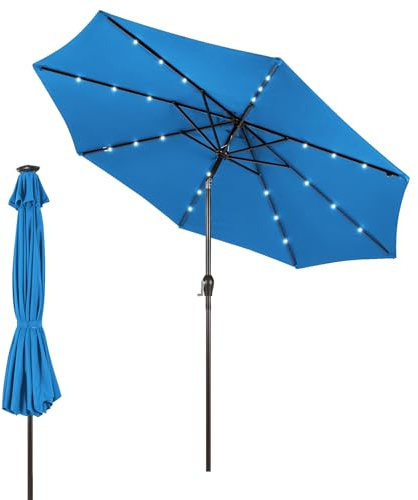 GOPLUS Sonnenschirm mit LED-Solar-Beleuchtung, Gartenschirm 300 cm, Balkonschirm beideseitig um 30° knickbar, Marktschirm mit Kurbel, UV-Schtutz, Tischschirm für Garten & Terrasse, Blau