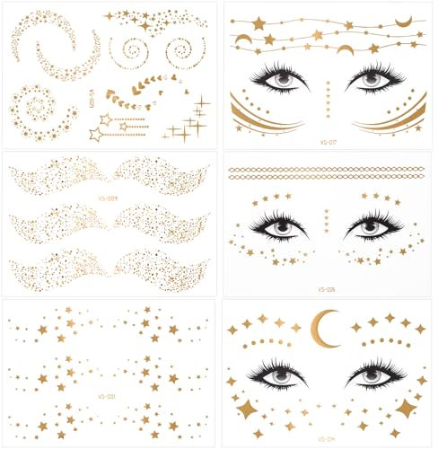 Alaoo Temporäre Tattoos, 6Blatt Flash Tattoos, Festival Gold Gesicht Tattoo, Klebetattoos Erwachsene, Temporäre Tätowierung Wasserdichte, Gesichtstattoos Karneval für fasching und Party Accessoire