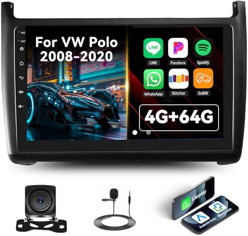 4G+64G CAMECHO Autoradio Android per VW Volkswagen Polo 2008-2020 con Navi Carplay Android Auto, 9 Pollici Touch Radio 2Din con GPS WiFi Bluetooth FM/RDS Radio SWC Retrocamera&MIC