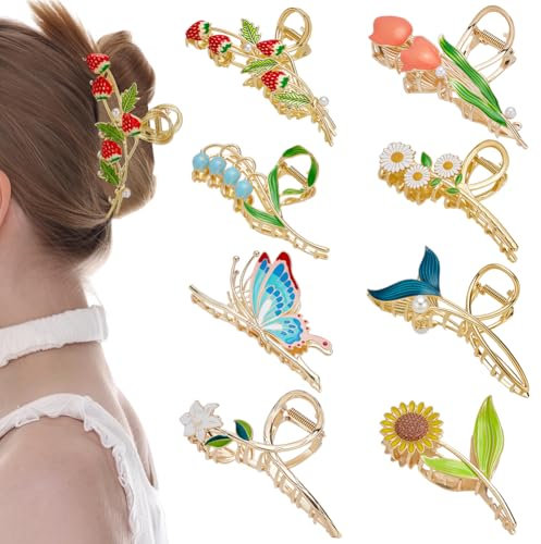 WADORN 8 pièce Ensemble de Pinces à Cheveux en Métal de Fleur, Grande Épingle à Cheveux Tendance Antidérapante avec Fixation Solide Motif Tulipe Papillon Lys Orchidées Pinces pour Cheveux Mi Épais