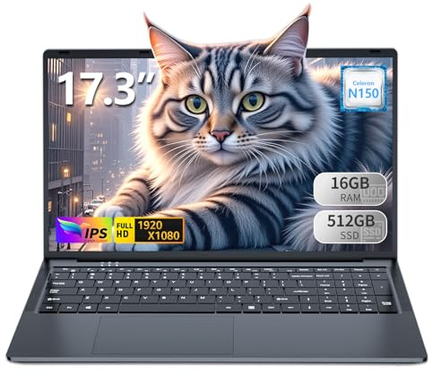 Computer portatile 2025 da 17,3 pollici, 16 GB DDR4 512 GB SSD Gaming Laptop, Celeron N150 (4C/4T, fino a 3,6 GHz), WiFi 5 BT 4.2, tastiera retroilluminata, batteria 6 ore, USB 3.0, HDMI, laptop Win