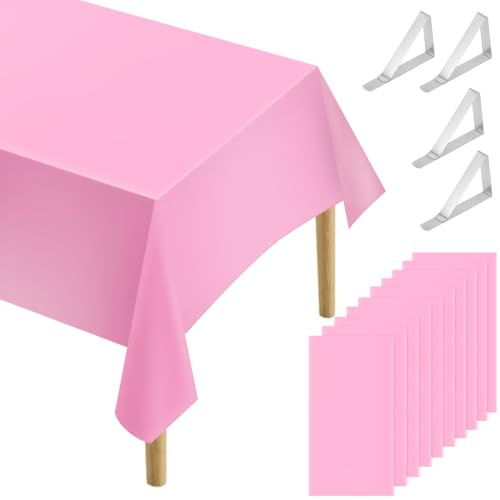WEFHEF 10 Pcs Nappe Anniversaire Rose 184 x 137 cm, Nappe Rectangulaire Anti Tâche avec 4 Pcs Pinces de Nappes, Nappes de Tables Imperméables, pour Anniversaire Mariage Barbecue Salle à Manger