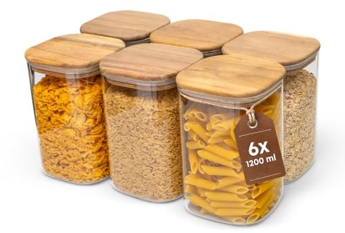 Navora® Vorratsgläser mit Holzdeckel, 6×1200 ml Vorratsdosen aus Borosilikatglas, luftdicht & stapelbar, Glasbehälter für Lebensmittel, Akazienholzdeckel, BPA-frei