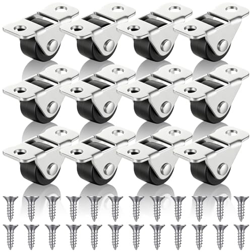 DOPENSPI 12 Pcs 12mm Fixed Small Caster Wheels, Low Profile Single Direction Tiny Wheel Metal Roof Rigid Mini Caster Wheel for Small Furniture Appliances Sliding Door Box DIY Projects