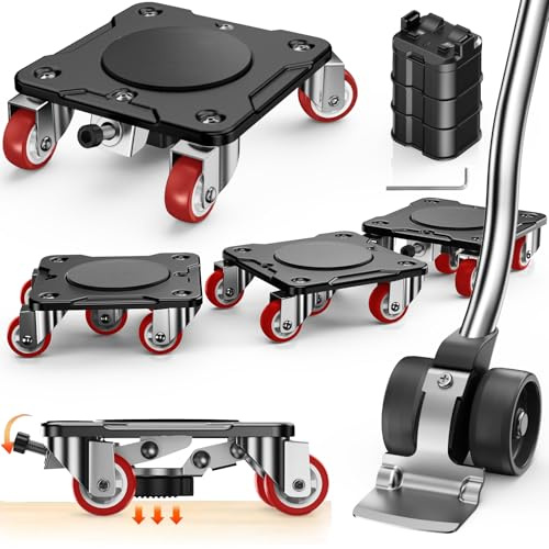 WOUOW Schwerlast Möbeltransportrollen Set 5 Räder & Parkfunktion (Schwarz) | Möbelroller aus Kohlenstoffstahl mit Möbelheber, 360° drehbare Universalräder, stabile Platzierung, Max. Belastung 500 kg
