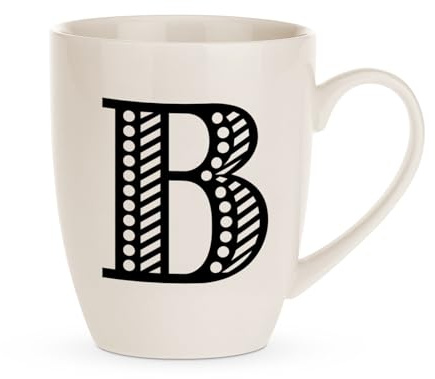 FabFinds Hugga Mug with Initials Classic Black and White Ceramic Large Gift Coffee Cups 500ml (H11cm X W11cm) (Approx.) (B)
