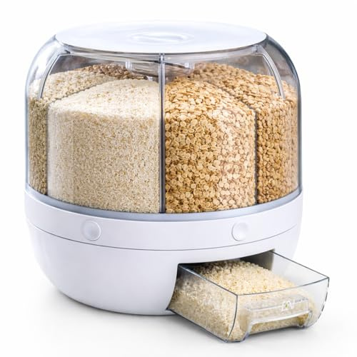 VERDYN MART - 6 Grid Rotating Food Grain Dispenser, 3.6L White Plastic BPA free, Dry Food Storage Container with Push Button Design for Rice, Cereal, Beans and Air Tight Kitchen Organization