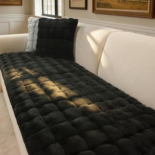 OHSIO Sofa Überzug aus Kunstfell in Kaninchen-Optik, Rutschfester Couch Überzug für 1–4 Sitzer, superweicher Sofabezug, waschbar & haustierfreundlich(Schwarz, 70x180cm)