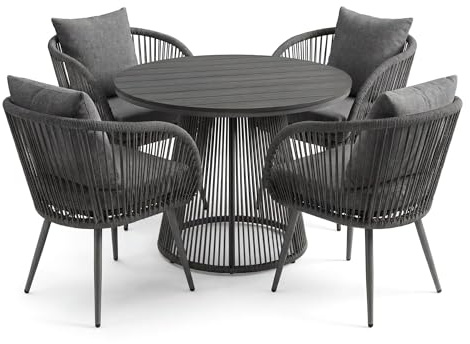 di volio Gartenmöbel-Set Polyrattan mit Tisch und 4 Sesseln Outdoor Mazaro | 7 cm Sitz- und 12 cm Rückenkissen, Olefin-Bezüge abnehmbar, Kunstholzplatte, verzinkter Stahl, UV-beständig, pflegeleicht