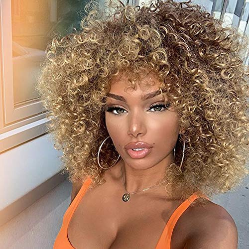 wigstyle Kunsthaar Gelockt Perücken hitzebeständige Kunstfaser Kinky Curly Perücken für Frauen Schwarz Kurz Afro Perücken mit Kostenlose Perückenkappe
