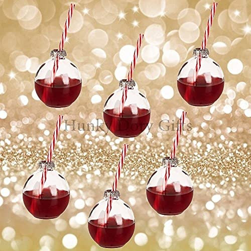 Hunky Dory Gifts Glasses Set of 6 Festive Christmas Bauble Fun Party Drinking Glasses + Straws