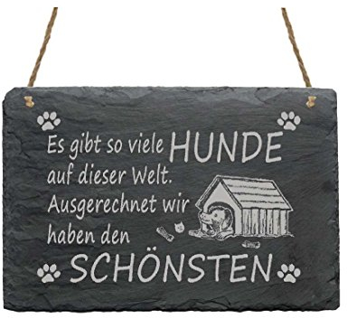 Schiefertafel « HUND IN HUNDEHÜTTE » mit wetterfester Gravur - Ideal als Geschenk für Hundefreunde (22 x 16 x 0,5 cm)