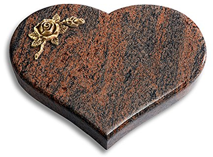 Grabplatte, Grabstein, Grabherz, Urnengrabstein Modell Coeur 40 x 30 x 7 cm Twilight Red-Granit, poliert inkl. Gravur (Bronze-Ornament Rose 1)