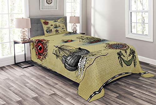 ABAKUHAUS Kompass Tagesdecke Set, Antike Karte Pirat, Set mit Kissenbezug Sommerdecke, für Einzelbetten 170 x 220 cm, Beige rot-grau