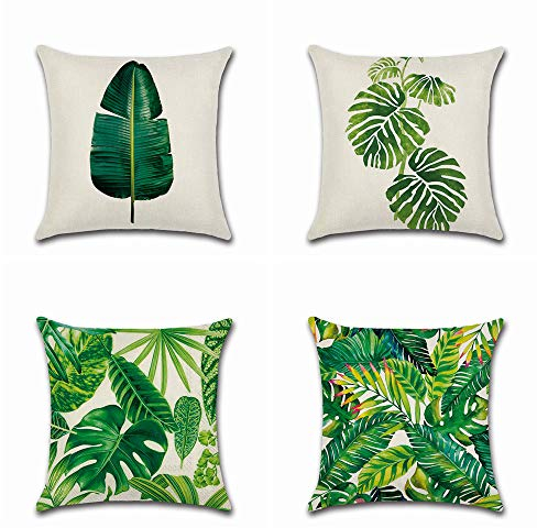BoomTeck 4 Stück Kissenbezüge Dekokissen Kissenbezug 45 x 45 cm Baumwolle Leinen Auto Sofa Kissenhülle Grün Blätter Tropische Pflanzen Muster Quadratisch Dekorativ Vintage Kissenbezug Set Kissen Fall