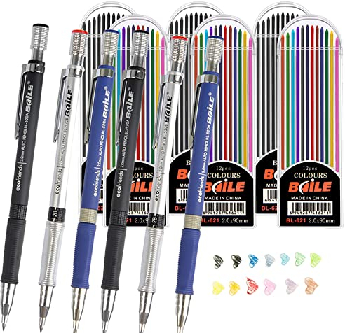 dancepandas Porte Mine 2mm 6PCS Crayon Mécanique Mechanical Pencil Avec 72PCS Couleur Et Noir Recharges De Plomb Pour Projet De Dessin l'Écriture La Fabrication Le Dessin Artistique