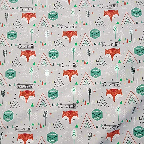 Stoff Meterware Baumwolle grau Fuchs Camp Zelt Pfeil Dekostoff Tischdeckenstoff
