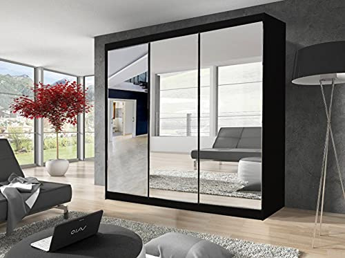 Milan Modern 3 Mirrors Full Mirror sliding door wardrobe 250cm Width 216cm Height 62cm Depth (Black)