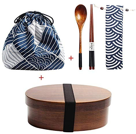 Wooden Lunch Box Japanese Bento Box Dinnerware Set with Bag & Spoon Fork Chopsticks Picnic Box for Students (JP9)